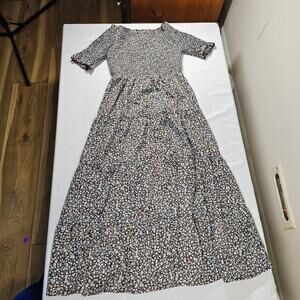 Elings Smocked Floral Maxi Dress Boho Cottagecore Tiered Brown Blue Size S
